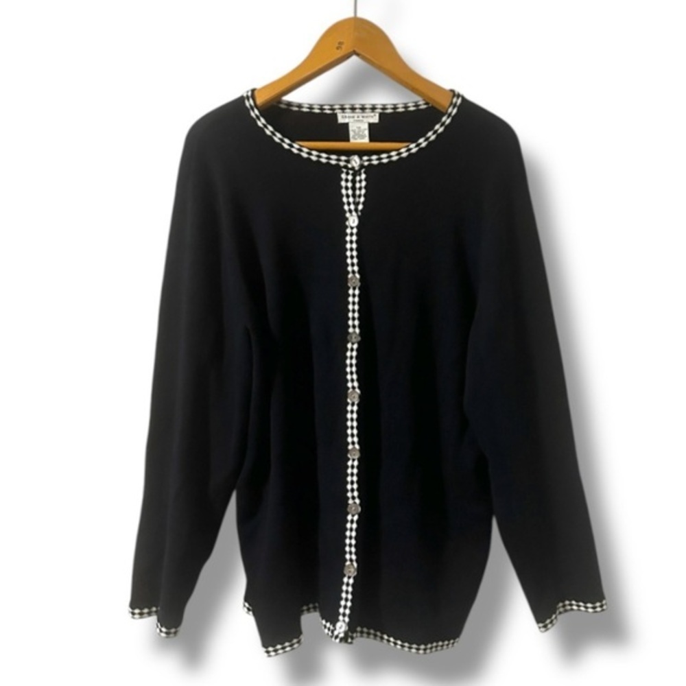 Vintage Deane & White Black Knit Cardigan Sweater Check Trim Womens Plus Size 1X